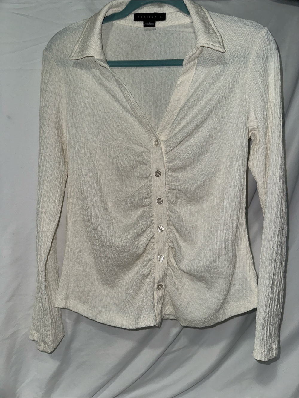 Sanctuary Cream Ruched Button-Front Long Sleeve Shirt